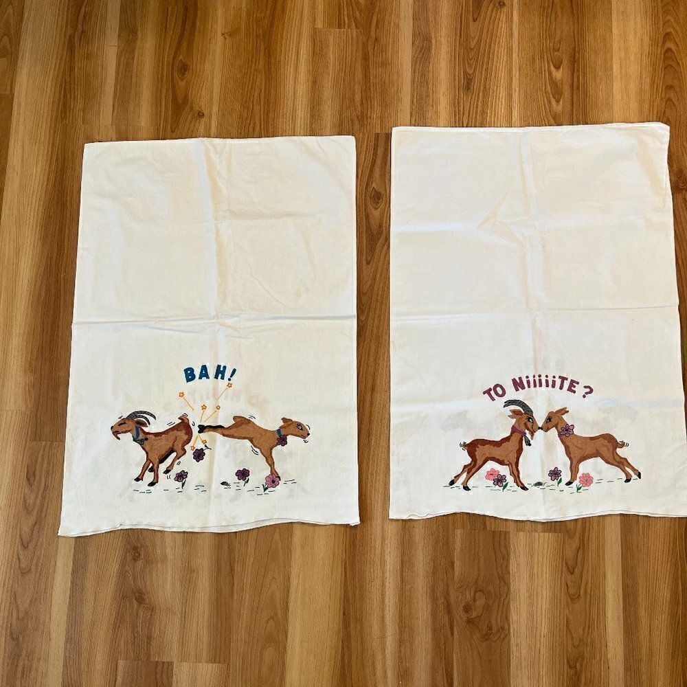 Vintage Hand Painted Set of 2 Pillow Cases W/Billy Goats